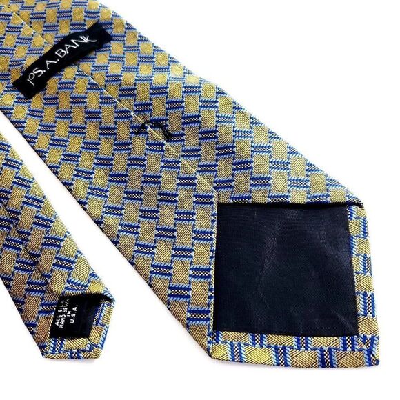 Jos A Bank Blue Yellow Woven Geometric Long Silk Tie - Picture 5 of 6